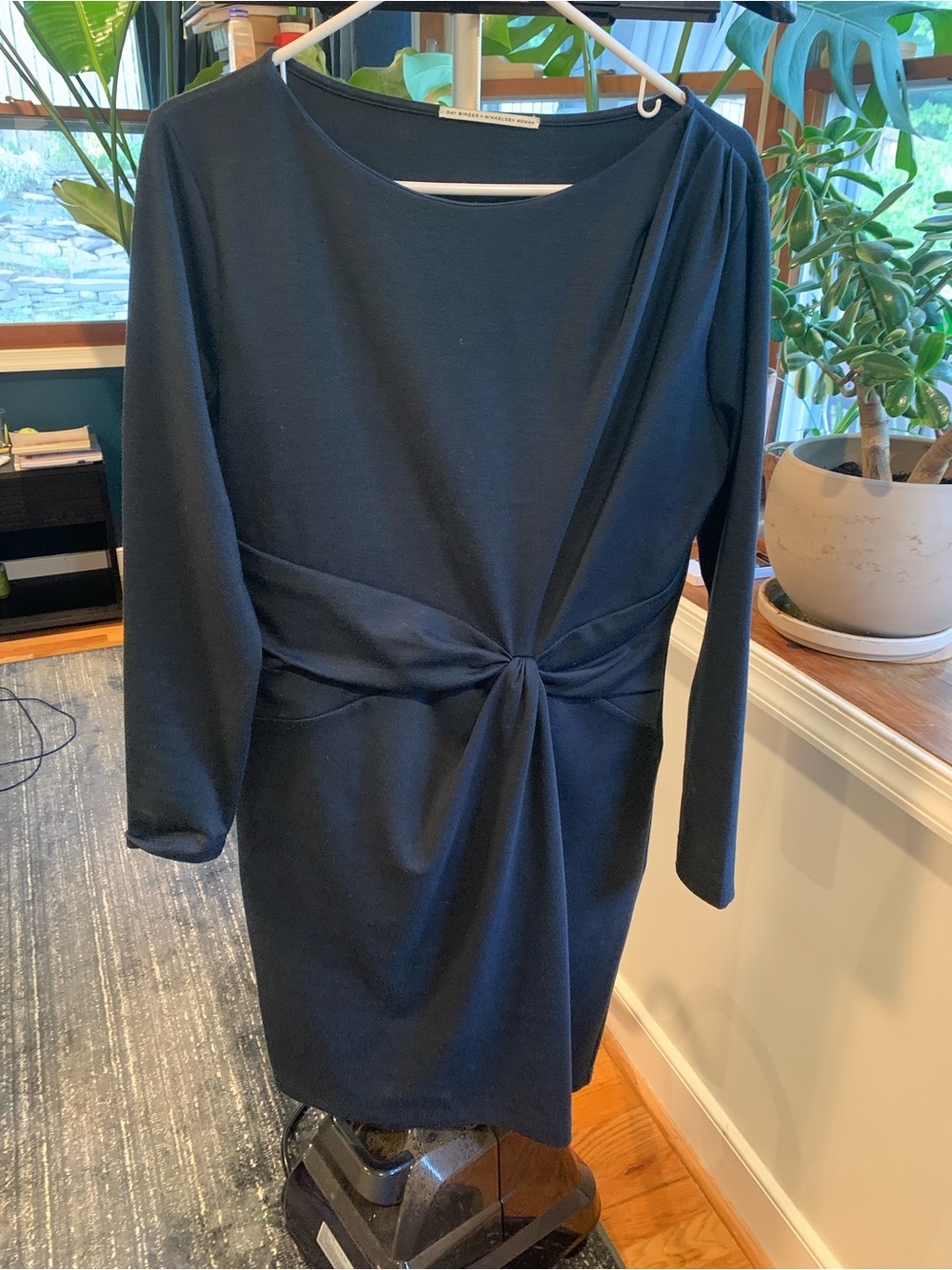 Twist-Waist Navy Dress with Long Sleeves